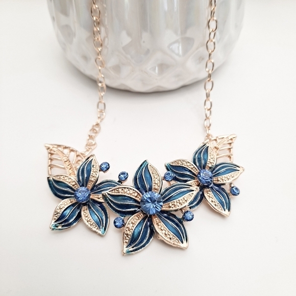 Gold Flower blue statement Necklace earrings jewelry set formal wedding 💖2/$30 - Picture 5 of 8